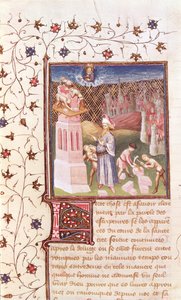 Nimrod supervisant la construction de la Tour de Babel, de La Cité de Dieu par Saint Augustin, traduit par Raoul de Presles (1316-82) vers 1400-50 - French School