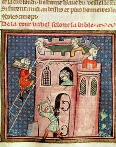 Ms 59 fol.17r La construction de la tour de Babel, de la Bible Historiale par Guiart des Moulins