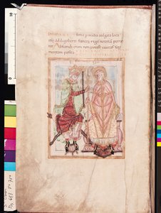 Dagobert I (609-39), roi des Francs investissant Saint Audomarus Omer (d.c.669) évêque de Thérouanne, comme évêque missionnaire dans le Pas-de-Calais en 637, de la Vie de Saint Omer
