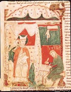 Ms 70 f.57 Le Pape Grégoire Ier le Grand (c.540-604) dictant le Livre de Job à son scribe Pierre, extrait de Moralia in Job du Pape Grégoire le Grand