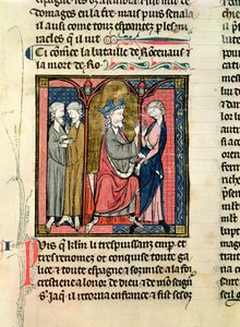 Ms 782 f.152r Charlemagne (742-814) envoyant Ganelon aux rois saragossans, Marsile et Baligant, des Chroniques de Saint-Denis, c.1275