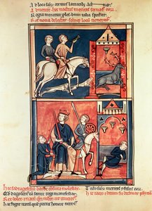 Une chasse au cerf et un roi, peut-être Dagobert I (632-39) sur son trône, de la Vie et des Miracles de Saint Denis