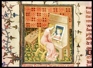 Sainte Marcia (d.632) Peignant un Autoportrait, de De Claris Mulieribus, par Giovanni Boccaccio (1313-75) - French School