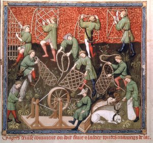 Ms Fr 616 fol.53v Hommes avec des filets, du Livre de la Chasse par Gaston Phébus de Foix (1331-91) début du 15ème siècle