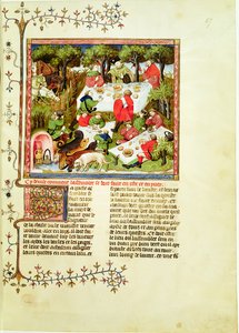 Chasseurs festoyant avant la chasse au cerf, du Livre de la Chasse par Gaston Phébus de Foix (1331-1391)
