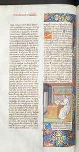 Un moine chartreux en blanc écrivant un manuscrit, illustration de Vita Christi par Ludolf de Saxe