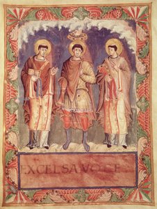 Ms Lat 1141 fol.2v Le couronnement de Charles II (823-877) avec les archevêques de Reims et de Trèves, du Sacramentaire de Metz