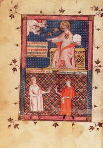 Ms Lat 14023 fol.1v Dieu créant la médecine et donnant la connaissance aux médecins, du Canon de la Médecine par Avicenne (Ibn Sina) (980-1037) traduit par Gérard de Crémone (1114-1187) vers 1320 - French School