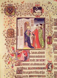 Ms Lat 919 fol.96 Jean de France, Duc de Berry conduit par Saint Pierre aux Portes du Ciel avec une initiale historiée `D de Saint Pierre et Jean de Berry en prière, des Grandes Heures du Duc de Berry - French School