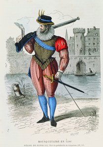 Mousquetaire en 1586, illustration de Costumes de Paris à travers les siècles par H. Gourdon de Genouillac, gravée par A. Renard