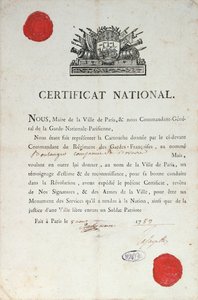 Certificat national de bonne conduite pendant la Révolution française, 8 août 1789 à Paris - French School
