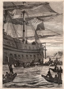 Les indigènes tenant des branches de bananiers en main : voyage de Samuel Wallis (1728-1795) en Polynésie - illustration tirée de "Les grands marins du XVIIIe siècle"