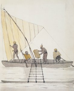 Autochtones des Îles Basses et canoë à voile équilibrée, aquarelle de Jules-Louis Lejeune, du Voyage de Duperrey - French School