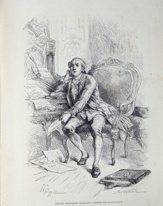 Necker dans son bureau à Saint-Ouen, entouré de notes « Réforme des Gabelles », « Taxes », « Abolition des Douanes » etc.
