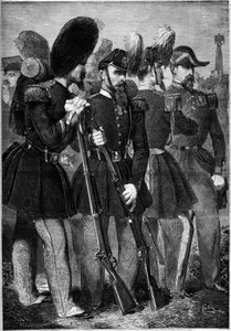 Nouveaux uniformes de la garde impériale française en 1860. Gravure dans « Le Monde Illustré » n°165 du 9 juin 1860. - French School