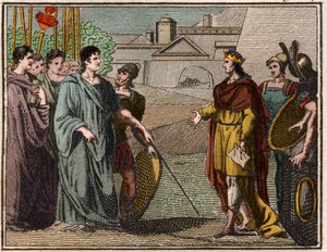 Numa Pompilius, légendaire deuxième roi de Rome, rend le bouclier sacré aux prêtres de Mars
