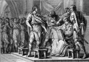 À la mort de Clotaire Ier, roi des Francs, ses quatre fils reçoivent chacun une partie du royaume. Leurs noms sont Caribert Ier ou Charibert (vers 520-567), Gontran Ier (vers 545-592), Sigebert Ier (535-575) et Chilpéric Ier (vers 539-584). Gravure. - French School
