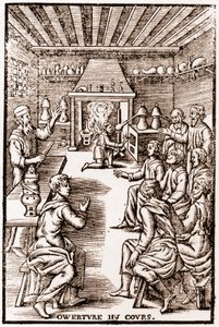 Ouverture du cours de chimie transmutatoire - gravure de 1653 dans "LE VRAY ET METHOD COURSES DE PHYSICS RESOLUTIVE" par Annibal Barlet