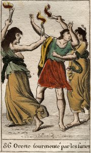 Oreste poursuivi par les Érinyes (ou Furies) pour venger la mort de son père Agamemnon en tuant sa mère Clytemnestre. De « Mythologie de la jeunesse » par Pierre Blanchard 1803.