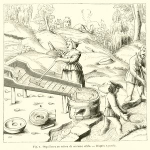 Orpailleurs au milieu du seizieme siecle (engraving) - French School