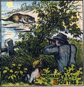 Scène de chasse à la loutre. Alphabet syllabaire des chasses Imagerie d