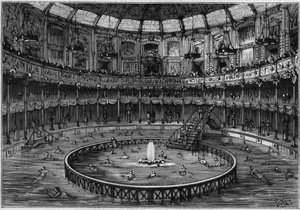 Aperçu de la piscine de la rue Saint Honoré, à Paris. Gravure dans « La Nature. Revue des sciences et de ses applications aux arts et à l