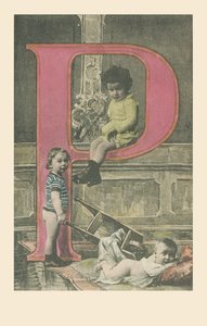 P: Un enfant avec une longue pipe, un autre avec une brouette, un bébé allongé sur le ventre - French School