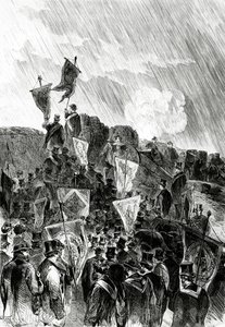 Manifestation pacifiste sur les fortifications par les francs-maçons le 28 avril 1870 pour demander la cessation du bombardement de Paris, de Le Monde Illustré, 5 mai 1870 - French School