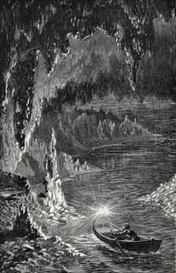 Grotte de Padirac dans le département du Lot, en France - Rivière souterraine - Gouffre de Padirac - dans le Lot en France - gravure dans "PATRIE" - DESCRIPTION PICTURESQUE DE LA FRANCE EN 6 VOLUMES PAR LUCIEN HUARD - fin du 19ème siècle