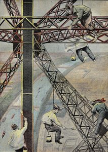 Peintres au travail, suspendus à 200 mètres au-dessus de Paris, pour peindre la Tour Eiffel en 1899. Gravure dans 