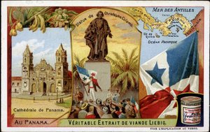Panama : la cathédrale, la statue de Colomb, le drapeau - chromo.