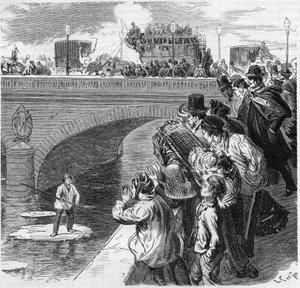 Paris, hiver 1870 : un enfant grimpe sur un glaçon en direction de la Seine, du pont de Bercy au viaduc de Passy. Gravure dans "Le Monde Illustré" n°672 du 26 février 1870