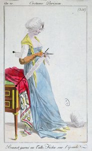 Costume parisien : bonnet orné de tulle, fichu sur les épaules, 1802