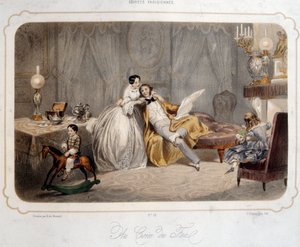 Soirées parisiennes : « au coin du feu » Un couple bourgeois et des enfants sur un cheval de bois dans un intérieur. Lithographie du Paris du 19e siècle. Arts décoratifs - French School