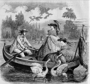 Modes parisiennes, été 1857 : promenade en bateau sur un lac. Gravure dans "Le Monde Illustré" n°24 du 26 septembre 1857.