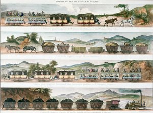 Passagers et marchandises sur la première ligne française ouverte entre Lyon et Saint-Étienne, 1829 (lithographie en couleur)