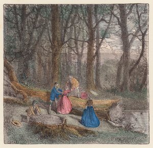 Personnes grimpant sur un arbre abattu - French School