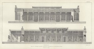 Persépolis, salle des Cent Colonnes, élévation géométrique et section longitudinale (restaurée par Ch Chipiez)