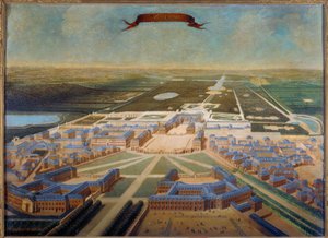 Vue en perspective des écuries du château et des jardins de Versailles à la fin du règne de Louis XIV, vers 1710-1715 - French School