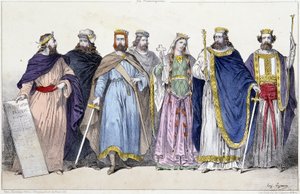 Pharamond, Clodion, Mérovée, Childéric, Clotilde, Clovis Ier et Childebert Ier - dans «La monarchie française en estampes»