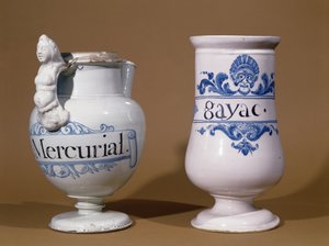 Pots pharmaceutiques pour Mercurial et Gayac, deux médicaments utilisés pour traiter la syphilis, fin 17e siècle ou début 18e siècle (céramique)