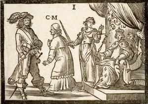 Pamphlets politiques Mazarinade : Mazarin banni par la Justice et la Fronde, quitte le Roi (Louis XIII). Gravure sur bois 1651. - French School