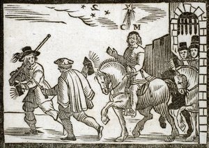 Pamphlets politiques Mazarinade : Mazarin fuit Paris à cheval, en pleine nuit, précédé de deux valets portant des lanternes. Gravure sur bois 1651