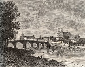 Pont-à-Mousson - Meurthe-et-Moselle - gravure dans « La France illustrée : géographie, histoire, administration statistique » par V.-A. Malt-Brown. 1884