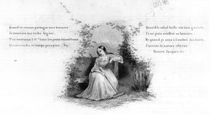 Pauvre Jacques. Fille seule assise sur un banc, tenant un râteau. Gravure dans "Chants et chansons populaires de la France", Tome 2