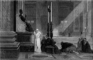Le Pape Pie IX (1792-1878) priant près de la statue de Saint Pierre dans la Basilique Saint-Pierre de Rome. Gravure de "Rome : description et souvenirs" par Francis Wey, années 1870.