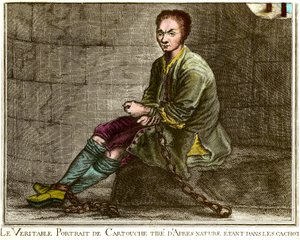 Portrait en pied de Louis Dominique Cartouche (1693-1721), brigand français dans son cachot Gravure du 18ème siècle Collection privée - French School
