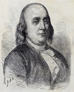 Portrait de Benjamin Franklin (1706 - 1790), homme politique américain, mémorialiste, pamphlétaire et physicien - dans "Album de la Science; savants illustres; Grandes découvertes" 1896.