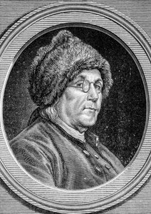 Portrait de Benjamin Franklin, homme politique, mémorialiste, pamphlétaire et physicien américain - dans « Album de la Science; savants illustres; Grandes découvertes » 1896.