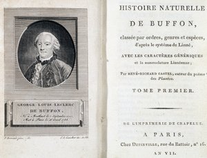 Portrait de Buffon et la page de titre de « Histoire naturelle de Buffon » classée par ordres, genres et espèces, selon le système de Linné